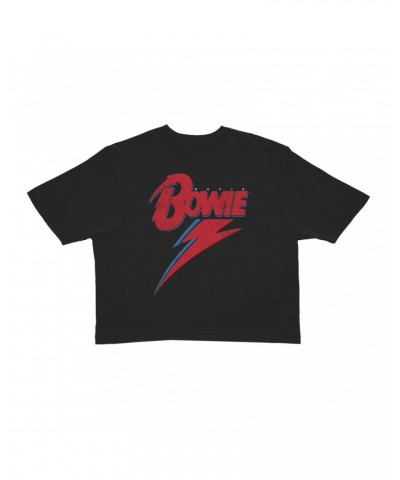 David Bowie Ladies' Crop Tee | Contemporary Lightning Bolt Logo Distressed Crop T-shirt $11.59 Shirts