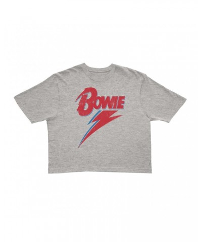 David Bowie Ladies' Crop Tee | Contemporary Lightning Bolt Logo Distressed Crop T-shirt $11.59 Shirts