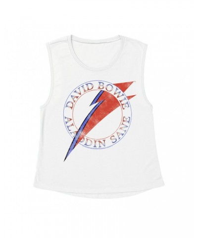 David Bowie Ladies' Muscle Tank Top | Red And Blue Aladdin Sane Logo Distressed Shirt $12.85 Shirts