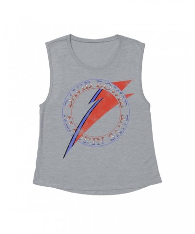 David Bowie Ladies' Muscle Tank Top | Red And Blue Aladdin Sane Logo Distressed Shirt $12.85 Shirts