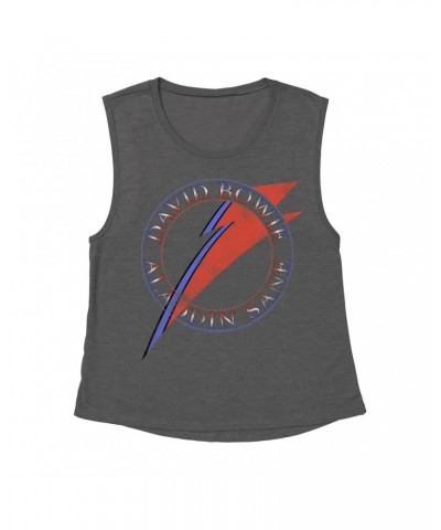 David Bowie Ladies' Muscle Tank Top | Red And Blue Aladdin Sane Logo Distressed Shirt $12.85 Shirts