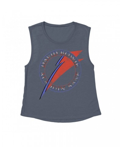 David Bowie Ladies' Muscle Tank Top | Red And Blue Aladdin Sane Logo Distressed Shirt $12.85 Shirts